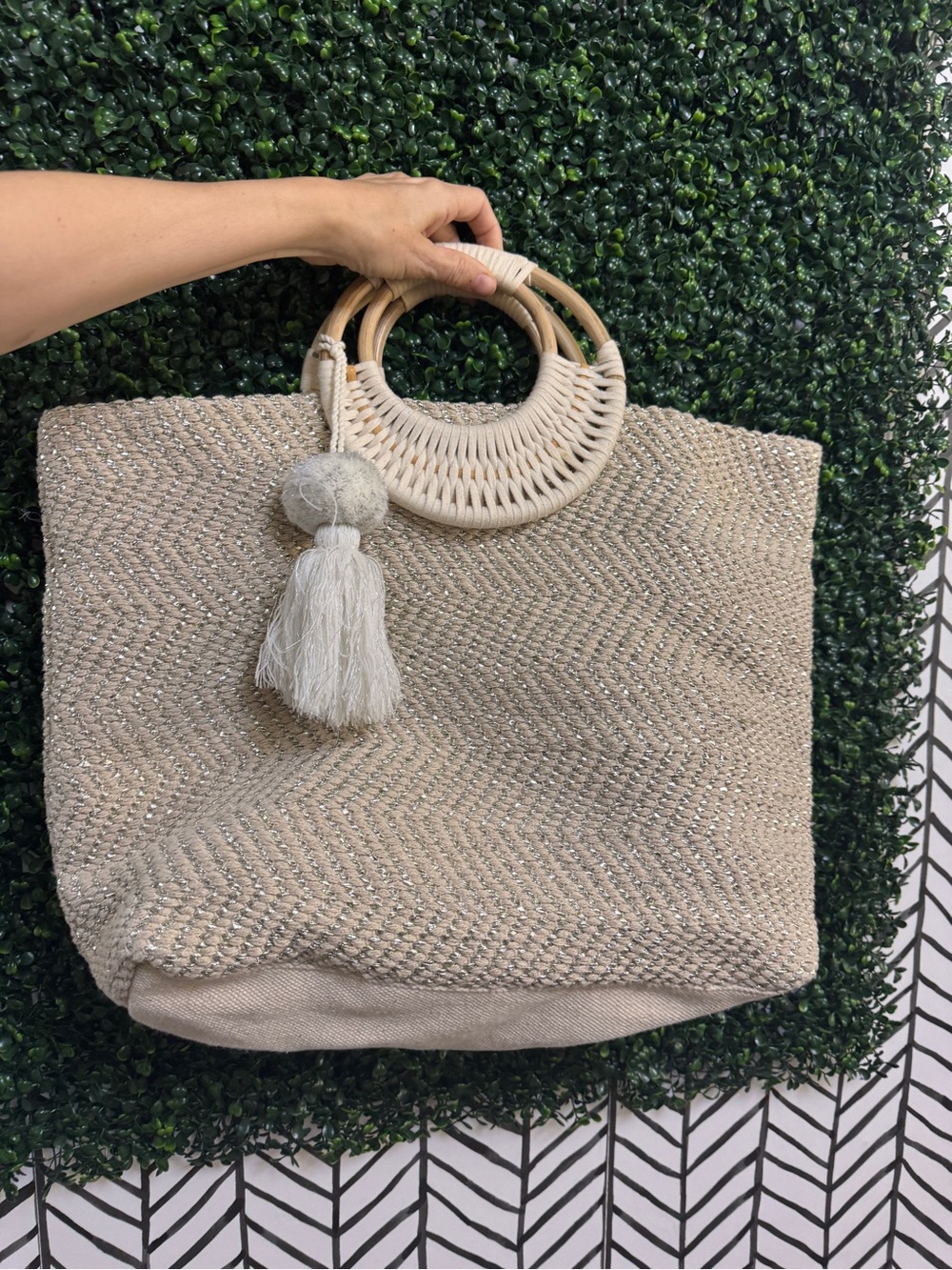 Woven Straw Tote Bag with Round Handles - Cream